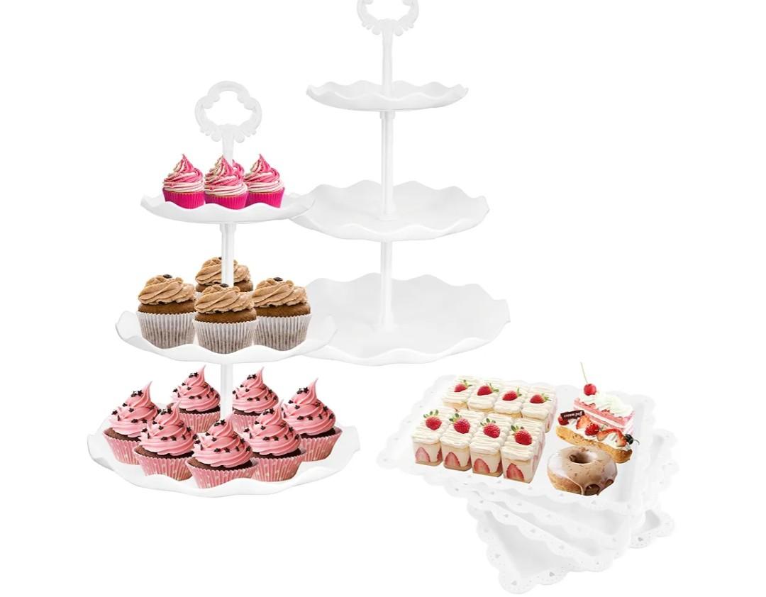 6 Pcs Cupcake Stand White Dessert Table Display Set 2 Pcs 3 Tier Plastic Cake Stand Holder 4 Pcs Dessert Serving Tray Cookie Platter Rack Tower for Tea Party Wedding Baby Shower