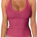 Danysu V Neck Racer Back Tank Top for Women Padded Ribbed Long Tank Fitted Basic Cami Tops (Pink), Medium