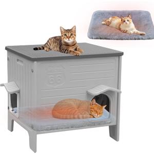 Rockever Waterproof Cat House for Outdoor Cats, Insulated Outdoor Cat House with Soft Mat, Elevated Feral Cat House Outdoor Indoor, Safe Escape Door, Spacious and Clean Easily(M,Grey with Mat)