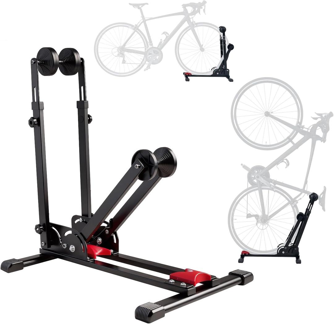 Foldable Vertical & Horizontal Bike Rack - Space-Saving Floor Bike Stand for Garage/Indoor Storage, Tool-Free Assembly Fits 24"-29" Mountain/Road Bikes (66lb Capacity) No Drilling