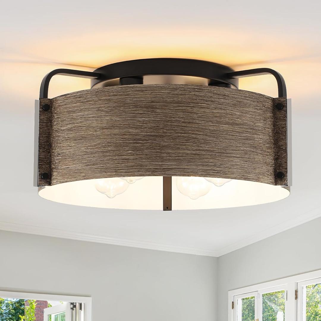 Flush Mount Ceiling Light, 4-Light Farmhouse Ceiling Light Fixture Metal Wood Grain Finish Close to Ceiling Lights for Living Room Kitchen Island Dining Room, E26 Base(Not Included Blub)