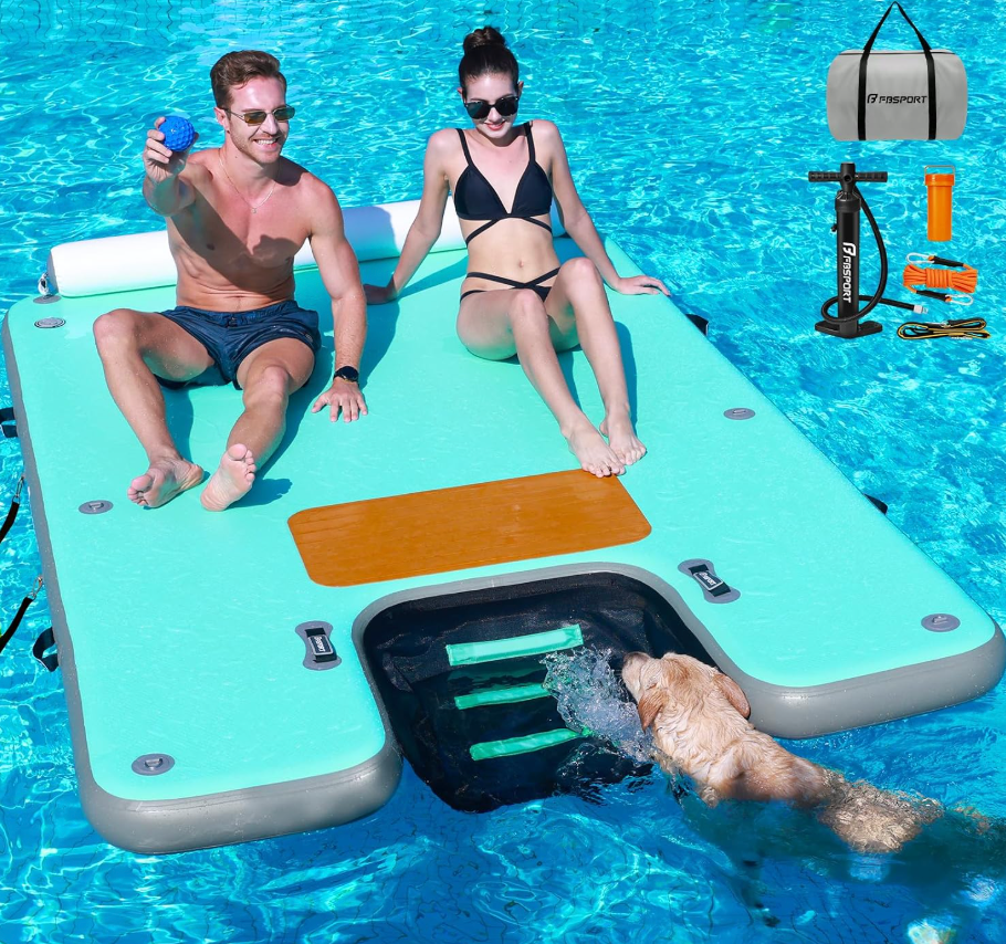 FBSPORT 8FT/10FT Inflatable Floating Dock Platform with Dog Boat Ramp | Non-slip floating island with water ladder, headrest, inflatable island raft, air dock for pool lake beach ocean