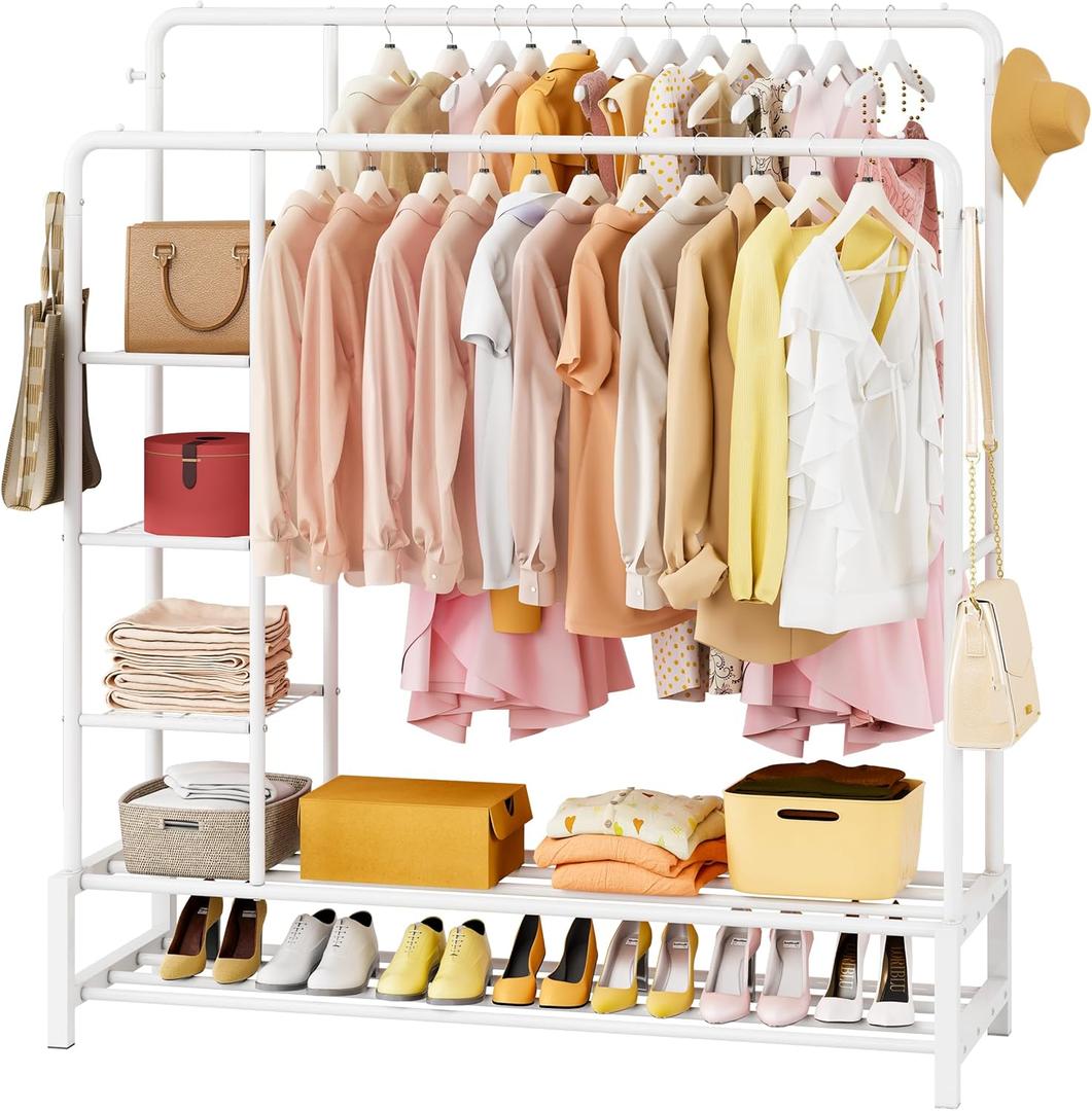 JOISCOPE 47'' * 67'' Heavy Duty Clothes Rack, Double Rods Clothing Racks for Hanging Clothes, Garment Rack with 5 Tier Closet Shelves & 4 Hooks for Clothing Storage, Metal White Clothing Rack