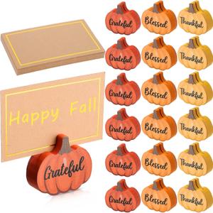 Tradder 18 Pcs Thanksgiving Pumpkin Place Card Holders with Gold Foil Harvest Fall Mini Pumpkin Name Card Photo Picture Stand Holder for Decorations Wedding(Yellow, Orange, Light Orange)