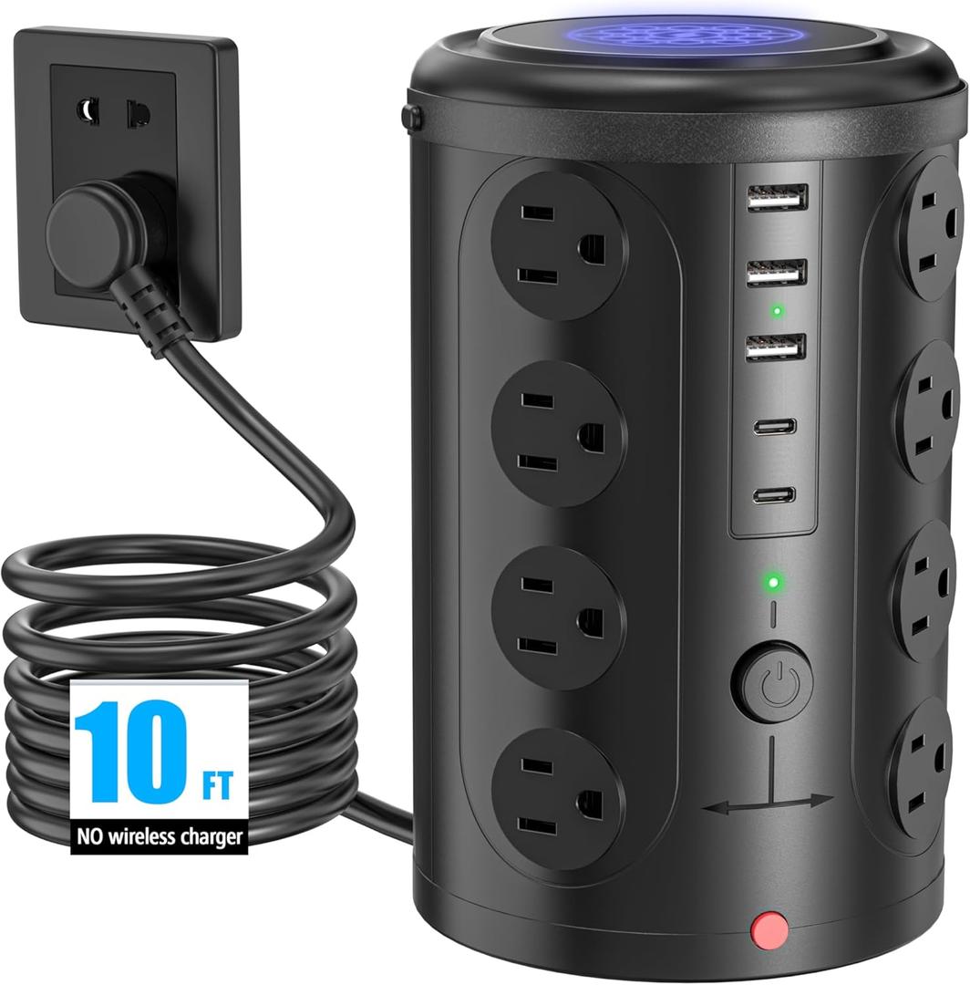 Power Strip Surge Protector Tower with 16 Outlets and 5 USB Ports (2 USB-C), 10ft Extension Cord, 45 Flat Plug, Charging Station for Home, Office, Dorm Room Essentials (Black)