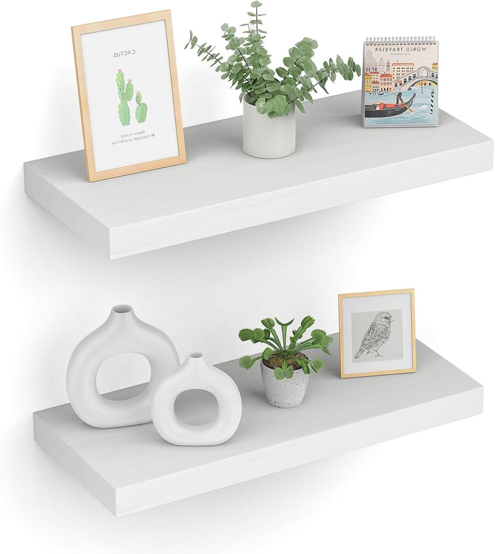 Floating Shelves (Set of 2)  Wall Mounted Shelves for Home Dcor and Storage, Natural Pine Wood, Suitable for Living Room and Bedroom (White, 15.7" x 5.7" x 1.0")
