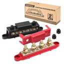 MOFEEZ Power Distribution Block Bus Bar, 4 x 3/8" Posts, 6 x #8 Screws Terminals, Max 48V 250A (Pair, Red & Black)