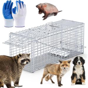 KOCASO Live Animal Trap 37 "X 14"X 15" Large Humane Cat Trap Cage with Pair of Gloves Heavy Duty Folding Catch and Release Rodent Cage for Rabbit Squirrel Dogs Armadillos Kitten Raccoon Foxes