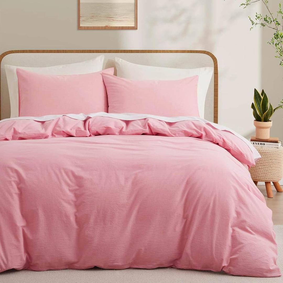 LOVQUE Pink Cotton Duvet Cover Twin Size, Linen Like Natural Bedding Set with Zipper Closure (No Comforter), 68x90 Inches