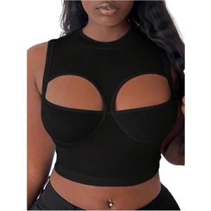 OYOANGLE Women's Ribbed Knit Cut Out Tank Top Crew Neck Sleeveless Party Crop Tops (Black), Small