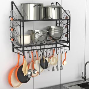 28 Inch Pot Rack Wall Mounted, 2 Tier Pots and Pans Organizer with 20 Hooks and 6 Pot Lid Holders, Heavy Duty Steel Pot and Pan Hanger for Kitchen Cookware Utensils Storage 34.7" Lx13 Wx26.4 H