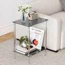 Tempered Glass Side Tables Set of 2 Acrylic End Table with 2 Storage Shelve transparent Bedside simplicity clear 2-Tier Nightstands for small Spaces Office Bedroom Living Room Study black ET-008BK