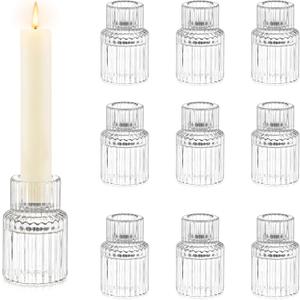 Candle Holder Glass Candlestick Holders: Hewory 10PCS Clear Taper Candle Holders Bulk for Table Centerpiece, Glass Candle Holder Candle Stick Holder Decor for Christmas Wedding Party Bridal Showers