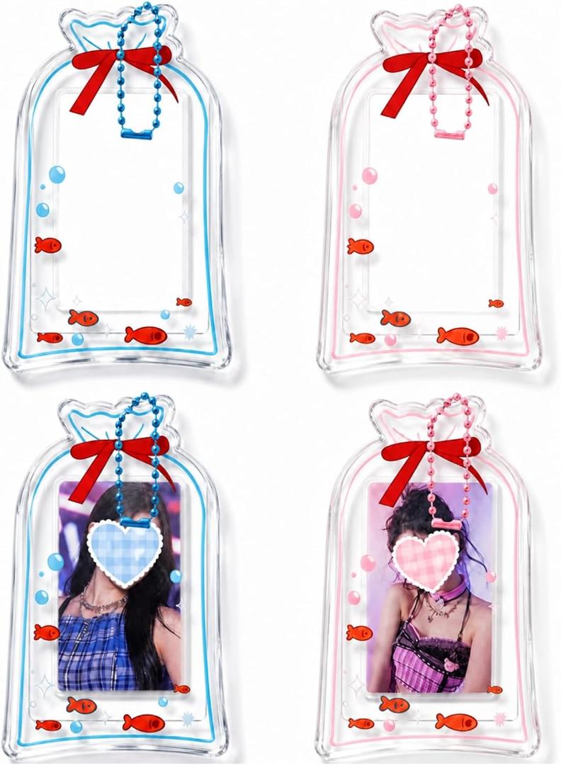 2 x Geyoga 4-Pack K-pop Theme Photo Holder Keychain Cute Acrylic Goldfish Card Stand for Small Photos Round Desk Display Home Office Party Gift