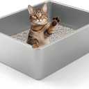 Kirecoo Stainless Steel Cat Litter Box - Metal High Sided Cat Pan, Large Stainless Steel Box, Indoor Litter Tray, Non Stick, No Smell, Easy to Clean, Pet Toilet Supplies for Kitten, Kitty, Rabbit
