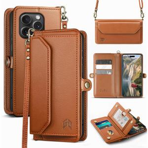 DJBull for iPhone 16 Pro Max 6.9" Wallet Case with Card Holder, Shoulder and Wristlet Straps, Soft PU Leather, Magnetic Snap, Flip Phone Case for Women Men for Apple 16 Pro Max Light Brown