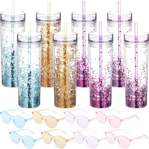 8 Pcs 16 oz Plastic Snow Globe Tumbler and Neon Sunglasses Set Double Wall Skinny Tumblers with Lid and Straw Glitter Snow Globe Cup for Summer Travel Home Drink Birthday Party Gifts