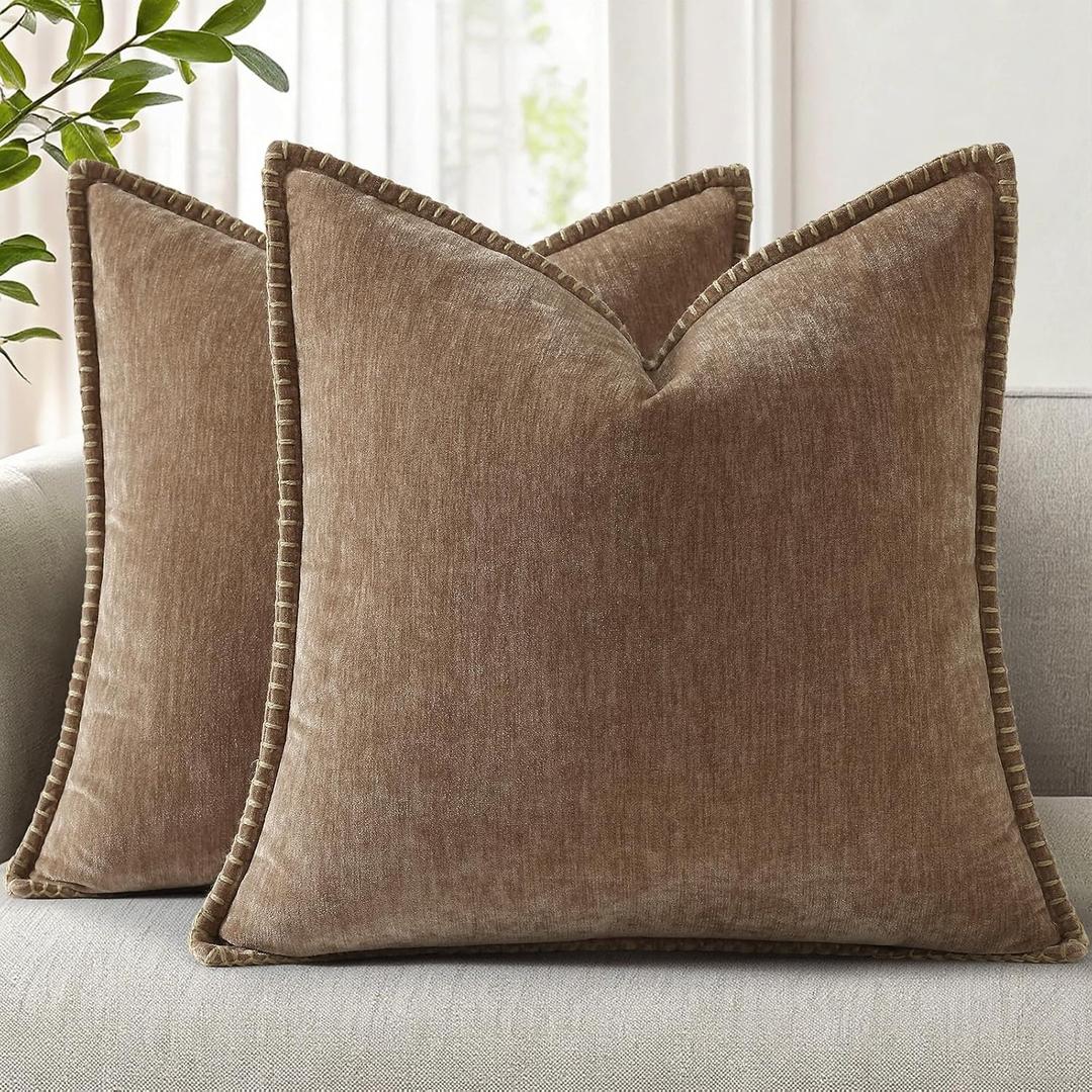 decorUhome Fall Chenille Soft Cozy Throw Pillow Covers 24x24 Set of 2, Modern Farmhouse Boho Velvet Decorative Euro Sham Pillow Cases with Stitched Edge for Couch Sofa Bed Home Decor, Brown