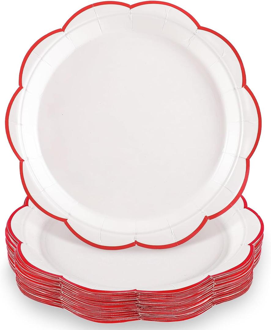 NatNarr 30 Pcs Red and White Paper Plates, 9 Inch White Plates with Red Trim Scalloped Paper Plate Disposable for Mother's Day, Baby Shower, Wedding, Bridal Shower, Birthday