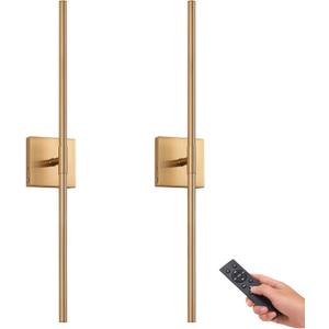Battery Operated Gold Wall Sconces Set of 2, 30" Wireless Rechargeable LED Wall Lamps with Remote Control, 3 Color Stepless Dimming 360 Rotate Wall Decor Lighting for Living Room Hallway Bedroom (30 Inch, Gold)