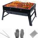 Portable Charcoal Grill for Camping Tailgating Beach Boating Foldable Small Barbeque Grill for Outdoors Lightweight Tabletop BBQ Grill Set with Tongs Gloves Scrubber (14''x10'')