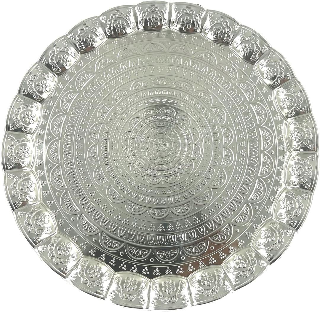 Serving Tray, Coffee Tea Serving Metal Wavy Round Tray 14''(Inches) | Mr Zoni (Silver)