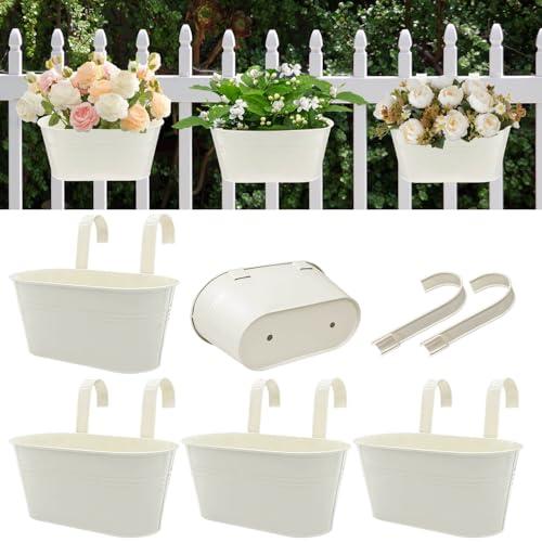 Metal Railing Planters for Outdoor Plants - 5 Pcs Balcony Hanging Flower Pots with Detachable Hooks & Drain Holes, Windowsill Oval Hanging Bucket Pots Fence Planters for Garden Home Decor, Cream White