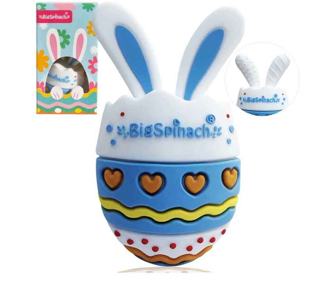 Easter Egg Bunny Baby Teether for Easter Basket Stuffers, Rabbit Egg Rattle Toy Teething for Easter Basket Essentials Infant Boys & Girls First Gifts with 2 Packs Easter Egg Pacifier Clip, 3 Months+