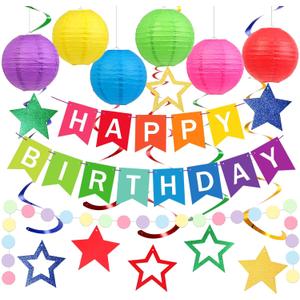Happy Birthday Decorations, Colorful Birthday Party Decorations Set with Happy Birthday Banner, Paper Lanterns, Star Swirl Hanging Decorations & Circle Dots Garland