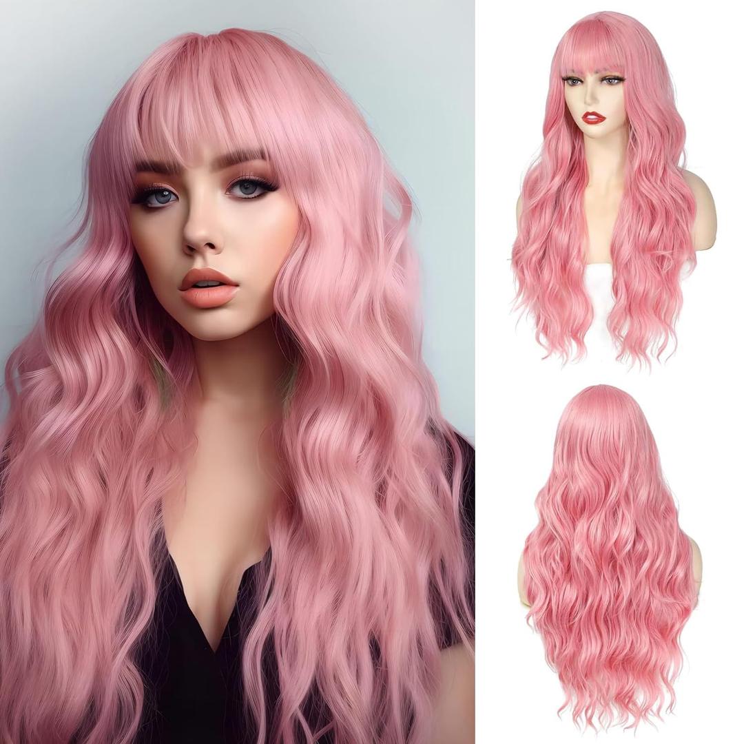 Angzon Pink Wig With Bangs Long Wavy Wigs for Women 26 Inch Curly Wavy Wig With Bangs Natural Looking Synthetic Heat Resistant Fiber Wig for Daily Party Use