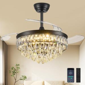 42'' Chandelier Ceiling Fan with Lights, Retractable Fan with Remote and APP, Crystal Fandelier Ceiling Fan, Dimmable LED, Reversible Motor, Quiet for Bedroom Living Room-Black