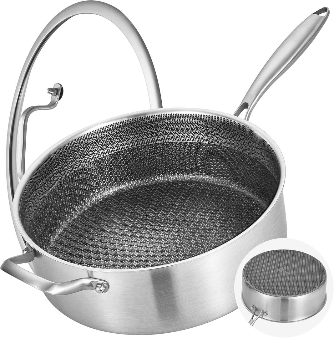 LOLYKITCH 7 Quarts Hybrid Non Stick Tri-Ply Stainless Steel Saut Pan with Lid,12 Inch Deep Frying Pan,Large Skillet,Induction Cooking Pan, Oven Safe and Detachable Handle.