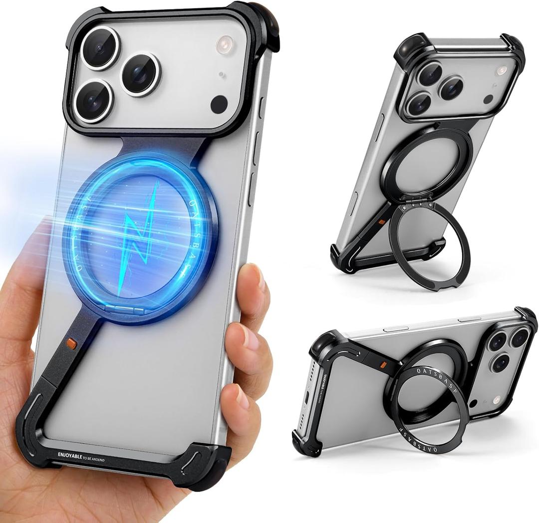 OGRANEE Z Metal Case for iPhone 17 Pro Frameless, Aluminum Alloy Bumper Compatible with Magsafe Kickstand Minimalist Shockproof Cool Cover Hard Shell with 360Ring Holder Magnetic Stand, Black