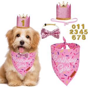PTDECOR Dog Birthday Party Supplies, Multi Size Birthday Girl Bandana, Pink Crowns Hat Set for Small Pets (Small)