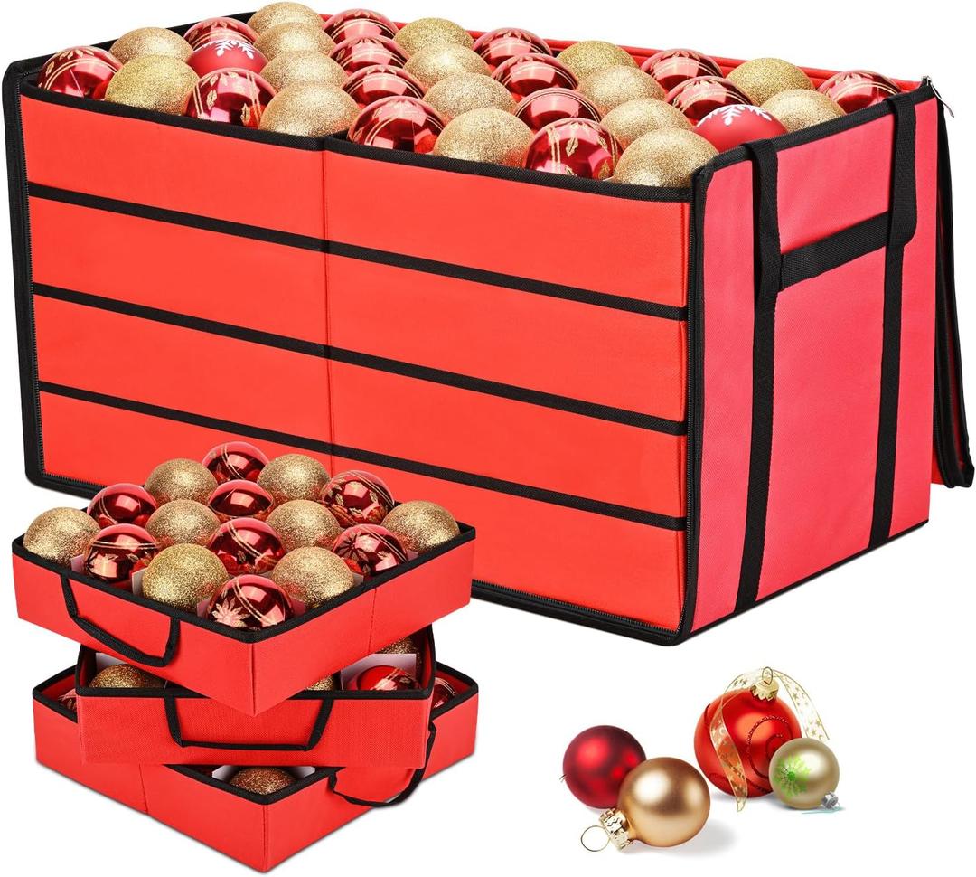 Christmas Ornament Storage Box, Organizer with 8 Removable Trays and Adjustable Dividers Holds 128 Pcs Decoration Balls, Dual Zipper for Christmas Ornament Storage (Red)