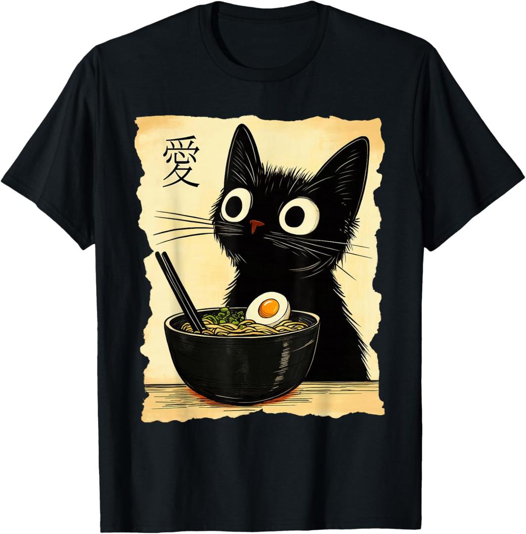 Funny Cat Ramen Graphic Tee Japanese Kawaii Anime Cat T-Shirt, S