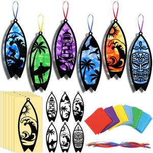 AmazingSpark 30 Pcs Beach Surfboard Suncatchers Paper Craft Set Sea Ocean Beach Surfboard DIY Stained Glass Effect Tissue Paper Kits Gift Bulk for Summer Activities Art Party Decor