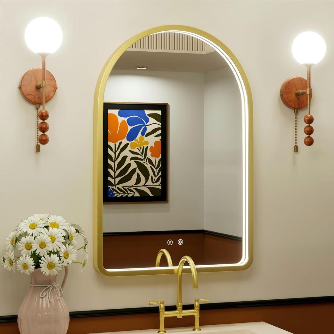 24x36 Inch Arched Gold LED Mirror for Bathroom, Adjustable 3000K/4500K/6000K, Wall Mounted Framed Lighted Bathroom Vanity Mirror with Lights, Anti-Fog, Dimmable, Memory Function