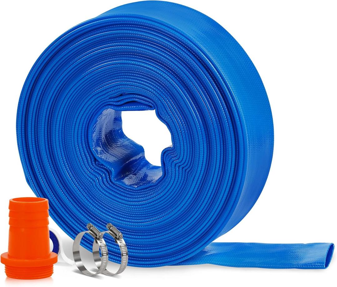 Acquaer 1-1/2" x 50 FT Pool Backwash Hose, Heavy Duty Reinforced PVC Lay Flat Discharge Hose, Weather and Burst Resistant, with 2 Hose Clamps and a Connector for Inground Swimming Pool Pump Draining