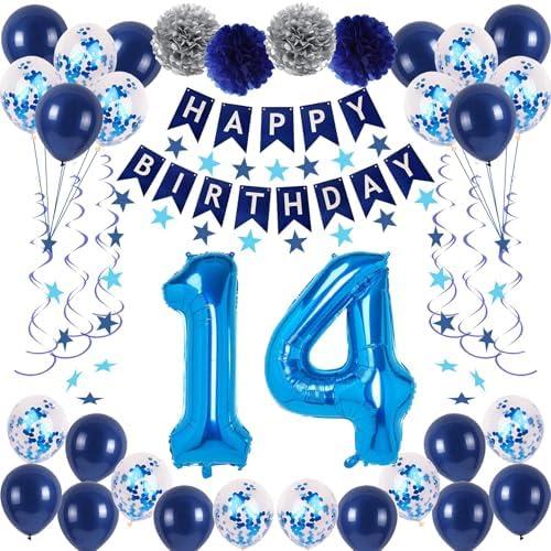NANINUNENO 14th Blue Birthday Party Decorations for Boys Girls, Happy 14 Birthday Balloons Supplies with Happy Birthday Banner, 14 Number Balloons, Blue Star Streamers, Hanging Swirls