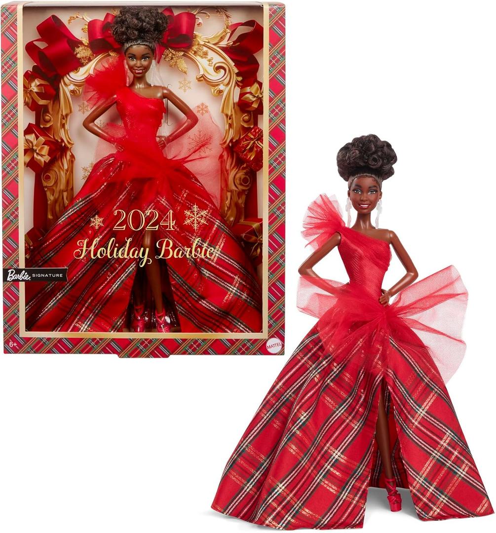 Barbie Signature Doll, 2024 Holiday Barbie Fashion Doll with Brown Hair Wearing Plaid Gown, Seasonal Collector Gift in Displayable Packaging