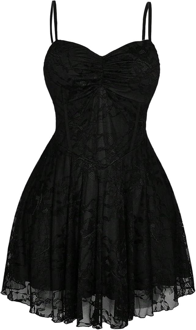 BEAUDRM Women's Plus Size Lace Gothic Dress Goth Grunge Mini Dress Ruffle Short Sundresses Black Large Plus