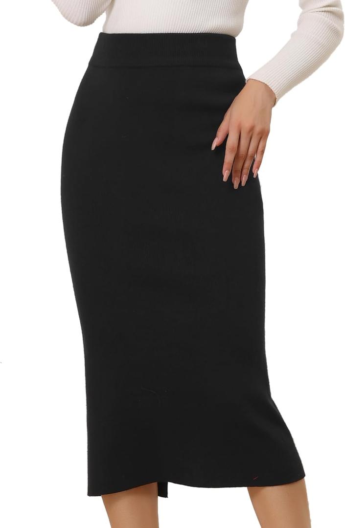 Allegra K Women's Sweater Skirts Ribbed Knit Elastic High Waist Stretchy Slit Casual Office Pencil Midi Skirt (Large)