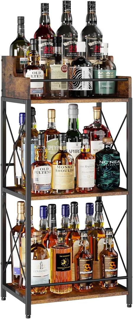 KLM Liquor Bottle Display Shelf, Coffee Syrup Rack Organizer, 3 Step Countertop Wine Rack, Mini Bar, Retro Bar Shelf Stand for Whiskey, Spirits.(Brown)