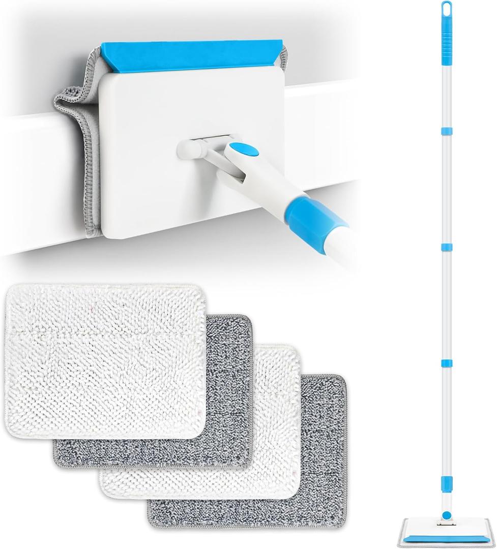 Cleaning Tools for Baseboard, Baseboard Cleaner Tool with Handle, 4 Reusable Cleaning Pads Wall Cleaner for Baseboards Cleaning, Ceiling, Wall, Floor, Shower Bathroom Kitchen (Blue)