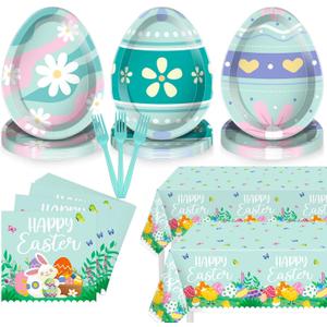 92 Pcs Easter Plates and Napkins, Easter Party Decorations Paper Tableware Set Includes Egg Plates Disposable, Napkins, Plastic Tablecloth, Forks for 30 Guests