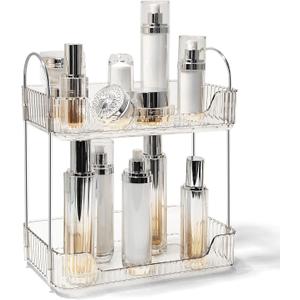 Bathroom Counter Organizer Countertop Storage Skincare Countertop Makeup Organizer Cosmetics Skincare Organizers Holder for Perfume-Clear white-silver pole (11.8" x 6.7" x 12.8")