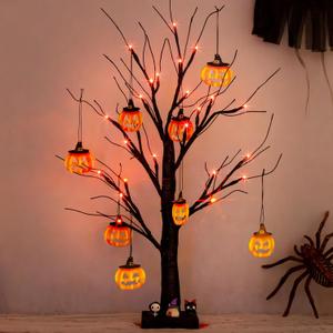 PEIDUO Halloween Indoor Decor, 2FT Halloween Tree with 24 Orange Lights and 8 Pumpkin Ornaments, Light up Halloween Decorations Black Tree with Timer for Indoor Home Desk Table Decor Battery Powered