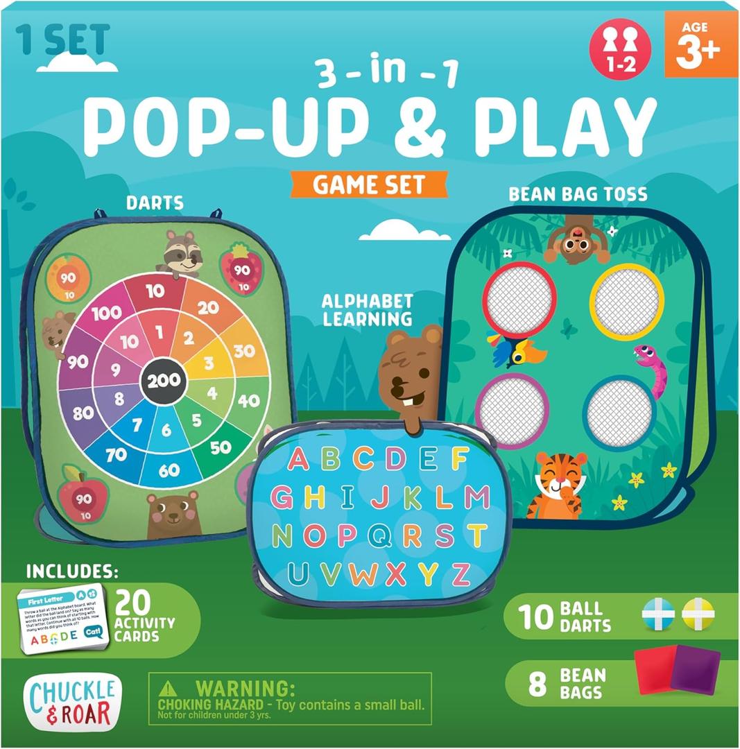 Chuckle & Roar - 3-in-1 Pop Up and Play Game Set - Active and Engaging Game Play - Collapsable Materials - Ages 3 and Up
