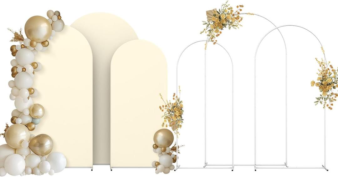Fogein Wedding Arch Backdrop Stand and Cover Set(7.3FT,6FT) Set of 2,Metal Balloon Arch Stand Frame for Wedding Birthday, Party, Baby Shower, Christmas Anniversary,Biege